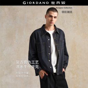GIORDANO Men Jackets Double Pockets Loose Wash Denim Jackets Notched Collar Button Closure Fashion Casual Jackets 18075826