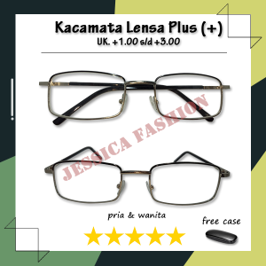 Kacamata Rabun Dekat PLUS +1.00 s/d +3.00 Frame Persegi Panjang Metal Besi Ada Nosepad Untuk PRIA WANITA - FREE HARDCASE