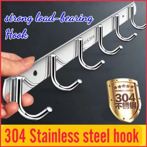 6-Hook 304 Stainless Steel Hook Strong Load-bearing Bathroom Kitchen Key Hat Towel Home Kitchen Bathroom Accessory
