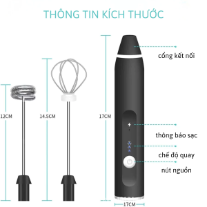 Máy đánh trứng que tạo bọt cà phê cầm tay chạy điện sạc USB 3 tốc độ siêu tiện lợi