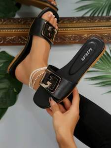 Free Shipping WomenS Shoes WomenS Slippers Classic And Elegant Versatile Solid Color With Metal Embellishments Square-Toe Flat-Soled Sandals WomenS Shoes WomenS Slippers Classic And Elegant Versatile Solid Color With Metal Embellishments