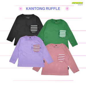 Superkidscloth Atasan Anak Ruffle Kaos Anak Ruffle Tee Baju Anak Perempuan Ruffle Rampel Kantong Stripe Lengan Panjang Umur 1 - 11 Tahun