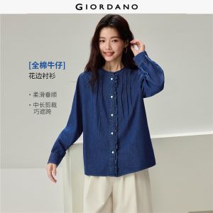 Giordano Beau Monde Women Ruffle trim placket long sleeve denim blouse Free Shipping 13346605