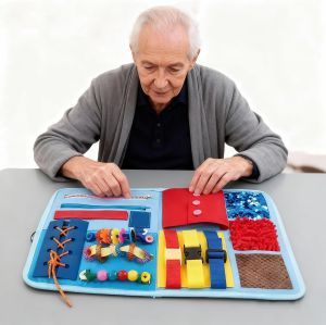 Fidget Blanket for Elderly with Dementia & Alzheimers Sensory Activity Mat with Fine Motor Skill Items Calming Therapeutic Blanket for Seniors Anxiety Autism Machine Washable & Portable (Blue)