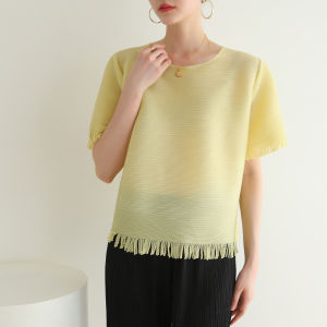 2989 One Size (45-75kg) Summer Miyake Pleated Soft Comfortable Versatile Tassel T-Shirt Top