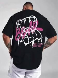 Mens Casual Short Sleeve T-Shirt Streetwear Drip Teddy Bear Graphic Print Crew Neck Tee Loose Fit Daily Top Black White Colour Option