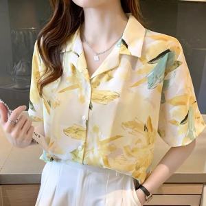 【STOCK+COD】NEW Short Sleeve Blouse For Women Floral Retro Chiffon Blouse Loose Casual Top