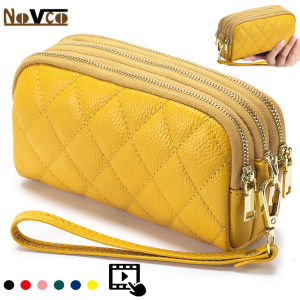 Novco กระเป๋าสตางค์ยาวผู้หญิงของแท้หนังซิป3ชั้นบัตรเงินกระเป๋าขนาดใหญ่ความจุกระเป๋าห้อยข้อมือกระเป๋าสตางค์กระเป๋าโทรศัพท์เงิน