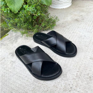 Dép nam da bò quai chéo 2 màu đen nâu Trường Hải DN125MN thời trang