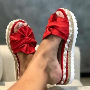 [Free Shipping] 2025 New Bow-Knot One-Strap Beach Sandals Thick-Soled Wedge Heels Rope Design Plus-Size WomenS Shoes