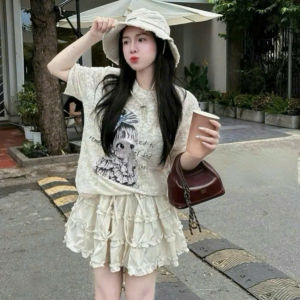 MK_ Set đồ nữ mặc hè set mặc nhà xinh áo Ren hoa cô gái mơ màng cổ tròn tay ngắn phối chân váy mini bèo xoè tầng dễ thương