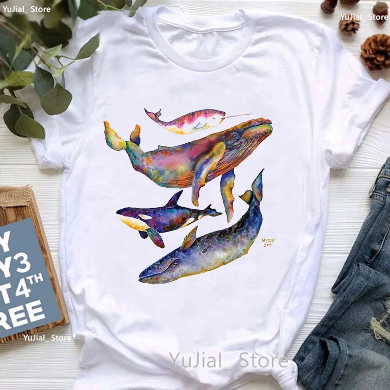 Dolphin Love Balloon Print T Shirt Women Clothes 2024 World Of