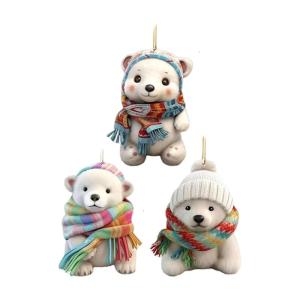 Pack of 3 Polars Bear Acrylic Pendant with Scarf for Car Christmas Tree Animal Figurines Hanging Decoration