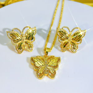 SEQUITO Precious Bridesmaid Clothes Accessories Golden Jewelry Fashion Butterfly Shape Pendant Necklace Stud Earrings Set SJ409
