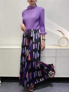 K23045# One Size (45-75kg) Vertical Stripe Printed Casual Wide-Leg Pants Loose Plus Size WomenS Clothing KK Pleated