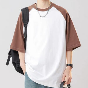 Basic Styles Men Black White Raglan Shirt Short Sleeve Casual Loose Fit T Shirt. Brown and beige black and white navy and white beige and white.