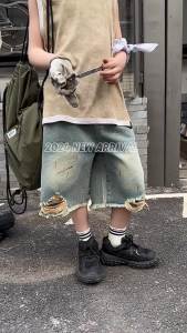 24 Summer Childrens Jeans   American R Handmade Rust Printing Raw Hem Ripped Boys Jeans Middle Pants Tide