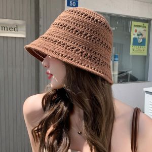 JESJELIU Knitted Fisherman Hat Wide Brim Foldable Hollow Beach Cap Casual Solid Color Sun Hat