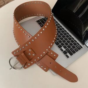 HULEQQI Designer Wide Womens Belt Gothic Punk Style Rivet Waist Belt Heavy-Duty American Dress Jeans Belt Streetwear