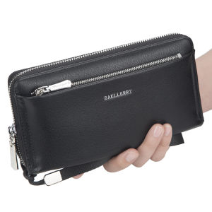 Mens Wallet PU Leather Wristlet Double Zipper Long Card Holder Business - 12 Credit Card Slots, 5 Banknote Pockets - Fits 6.8" or Smaller Mobile Phone