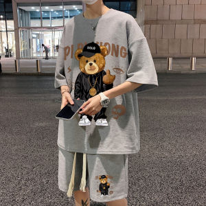 2PCS Suits for Men Cotton Plus Size T Shirt Hip-hop Bear Waffle Loose Casual Short-sleeved Sports Suit