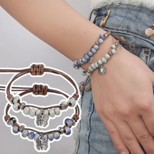 【X.Z.MOONLIGH】2 Pack Handmade Butterfly Ceramic Crushed Ice Vintage Adjustable Beaded Braided Bracelet Boho Chic Gift