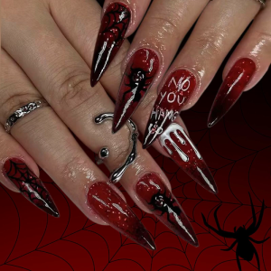 Halloween Press on Nail Almond Fake Nail Scary Artificial Nail for Womens Almond Shaped Glues on Nail with Designs