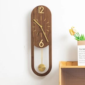 FFBH Wooden Pendulum Wall Clock Retro Noiseless Aesthetic Wall Clocks Creative Walls Clock Modern Living Room Decoration Furniture 6K4N7