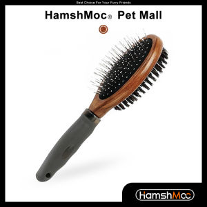 HamshMoc Double Sided Dog Brush Pins and Bristle Comb with Wooden Handle for Dogs Cats Pets Grooming Removing Shedding