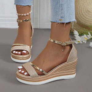 [Free Shipping] Plus-Size Wedge Sandals With Thick Soles Open Toe Single Strap With Rhinestones Closed Heel Platform WomenS Sandals