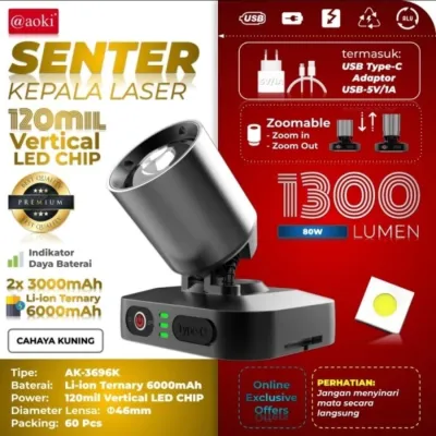 Aoki Senter Kepala Zoom AK-3695A / 3696K Super Terang 1300 Lumen 80 Watt Baterai 6000mAh