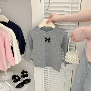 Childrens Spring and Autumn Outfit Korean Style Bowknot Round Neck Long Sleeve t Girls solid color versatile base shirt trendy