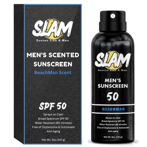 SLAM BeachMan Mens Scented Sunscreen Spray – Broad Spectrum SPF 50 Water & Sweat Resistant Mens Sunblock UVA/UVB Protection – Cedarwood Scented Sunblock for Body (SPF 50)