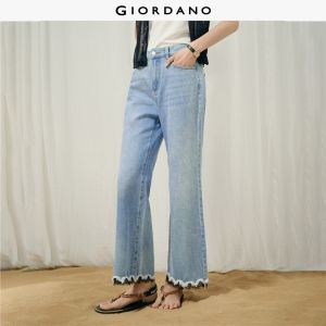 GIORDANO Women Jeans Frayed Lace Trim Bootcut Jeans High Waist Ankle Length Fashionable Casual Denim Pants 18426513