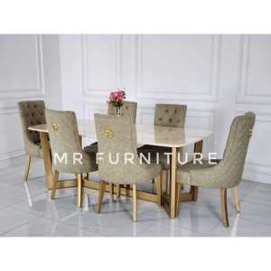 Set Meja Makan Top Marmer Krem Kursi Enam