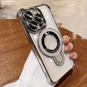 ระดับไฮเอนด์ โปร่งใส พร้อมกระเป๋าใส่ของขาตั้งโลหะสำหรับ เคส เคสไอโฟน for iphone 16 15 14 13 12 11 pro promax plus เคลือบหรูหราสำหรับ#ip19