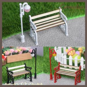 [Carmelun] 2Pcs set 1:12 Dollhouse Miniature Wooden Park Bench Street Lamp Suit Fairy Garden Ornaments Outdoor Furniture Model Decor Toys