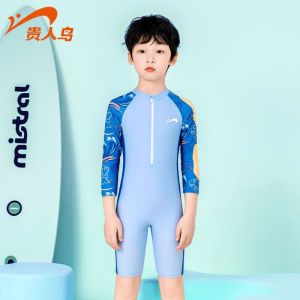 Đồ bơi liền thân tay dài cho bé trai dây kéo phía trước hoạ tiết sóng thần khủng long dễ thương chống nắng chống UV