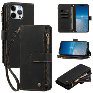 Flip Leather Zipper Wallet Case For iPhone 16 15 14 13 Pro Max Plus 13 Mini 17E 16E Cards Phone Cover