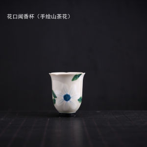 纯手绘山茶花闻香杯轻奢釉下彩单杯主人杯聚香杯家用陶瓷功夫茶具