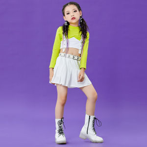 LOLANTA Summer Costume 2Pcs Hip Hop Dance Clothes for Kids Green-White Top & Skirt Set Children Modern Jazz Dance Team Stage Dancewear Daily Casual Wear