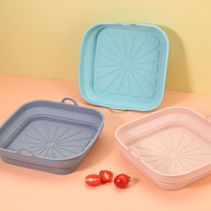 BLACKON Round/Square Air Fryer Silicone Basket Flexible Reusable Foldable Fryer Baking Tray Non-Toxic Dual Handles Air Fryer Silicone Mat Kitchen Accessories