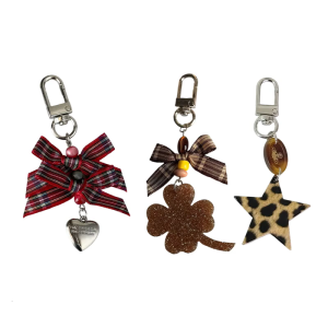 Bowknot và trái tim/clovers móc khóa có hạt trang trí phụ kiện mặt dây gắn túi in da báo Sao vòng xâu chìa khóa xe hơi cho sử dụng thường nhật