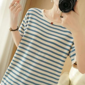 Pure Cotton Round Neck T Shirt For Women Summer Korean Style Loose Large Size Casual Short Sleeve Striped Top Base Shirt Blouse.2026