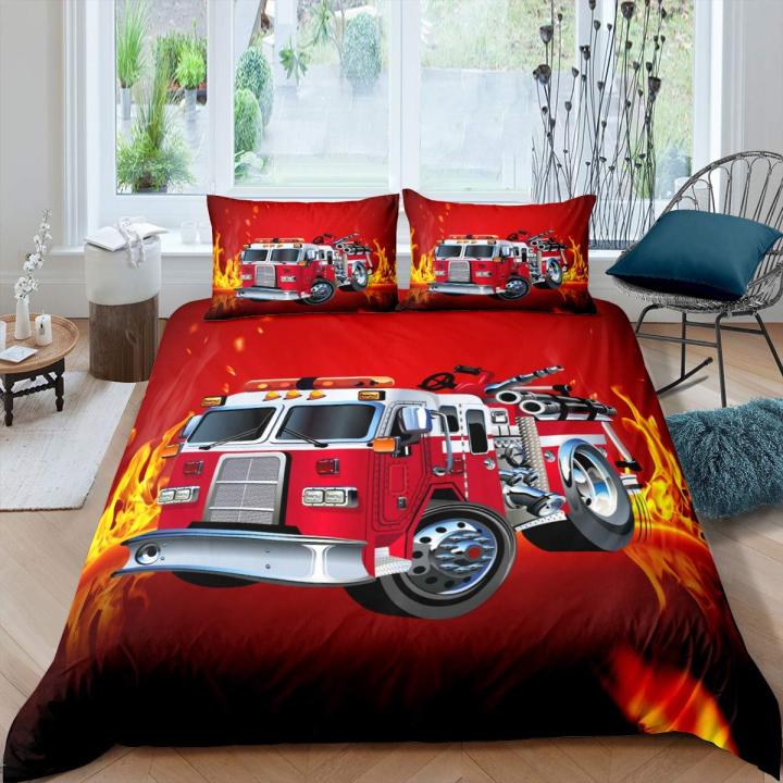 Firefighter truck Duvet cover King/Queen size red fireman car bedding