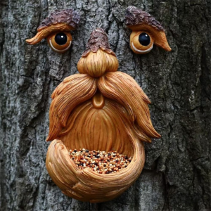 PUZHE ไม่ซ้ำใคร ที่ให้อาหารนกแบบหน้าต้นไม้ ติดตั้งแล้ว ติดตั้งง่าย ประติมากรรมใบหน้าชายชราที่สนุกสนาน แปลกประหลาด ใช้งานได้หลากหลาย กระป๋องน้ำสวน ตกแต่งสวน