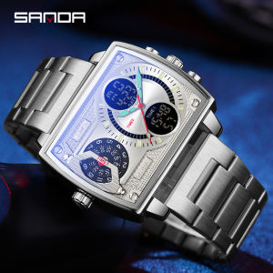SANDA Top Luxury Brand Mens Watches Fashion Digital Quartz Dual Display Complete Calenda Stainless steel Strap Men Clock Watch