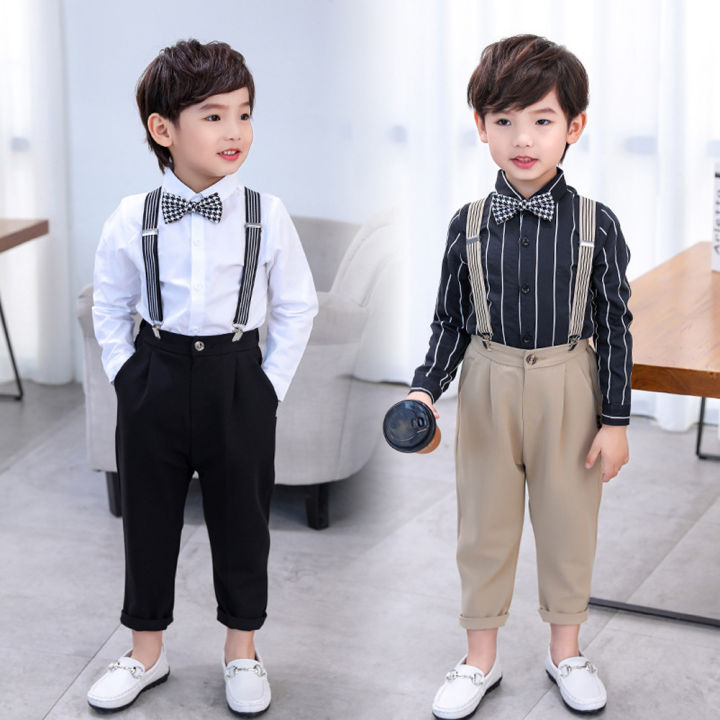 lontakids 2-11 Years Toddler Kids Boys Dress Shirt with Bowtie + Suspender  Pants Wedding Birthday Gentleman Clothes Set