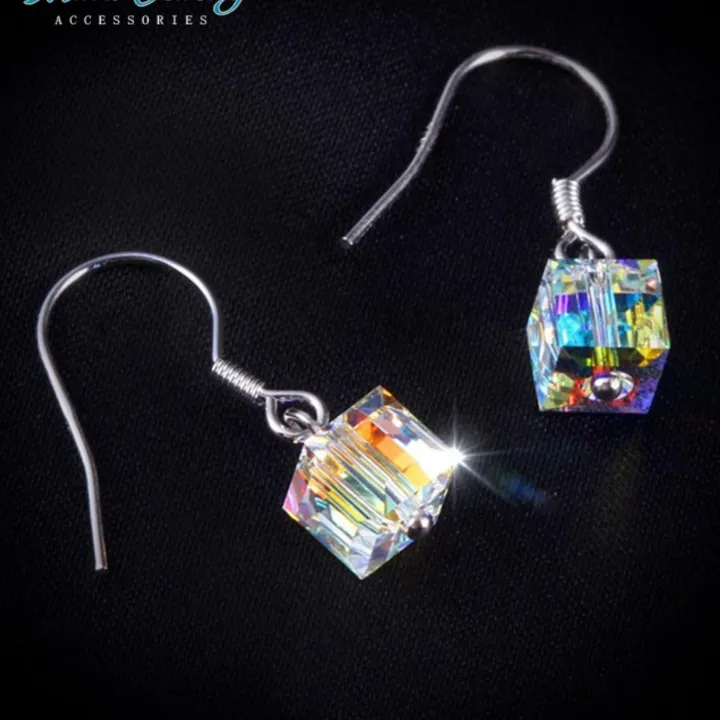 Bông tai Bạc Thật và Pha Lê Swarovski THẬT khối hình vuông lập phương ...