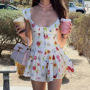 Summer U Collar White Print Flower Sleeveless Bodysuits Women Ruched Ruffles Hem Skirt-shorts Jumpsuit Tank Romper Overalls2026